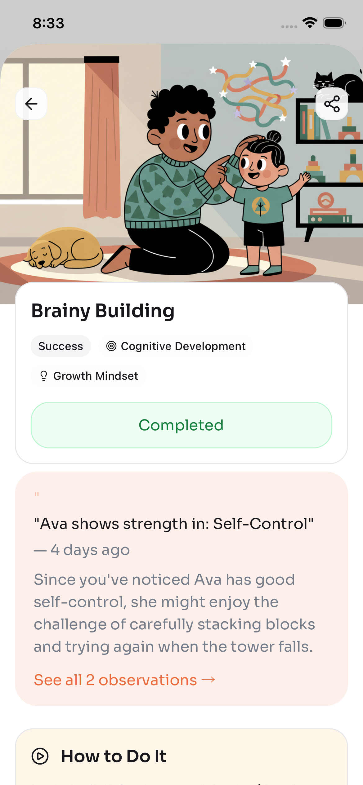 Imprint app showing a personalized activity with illustration and step-by-step instructions
