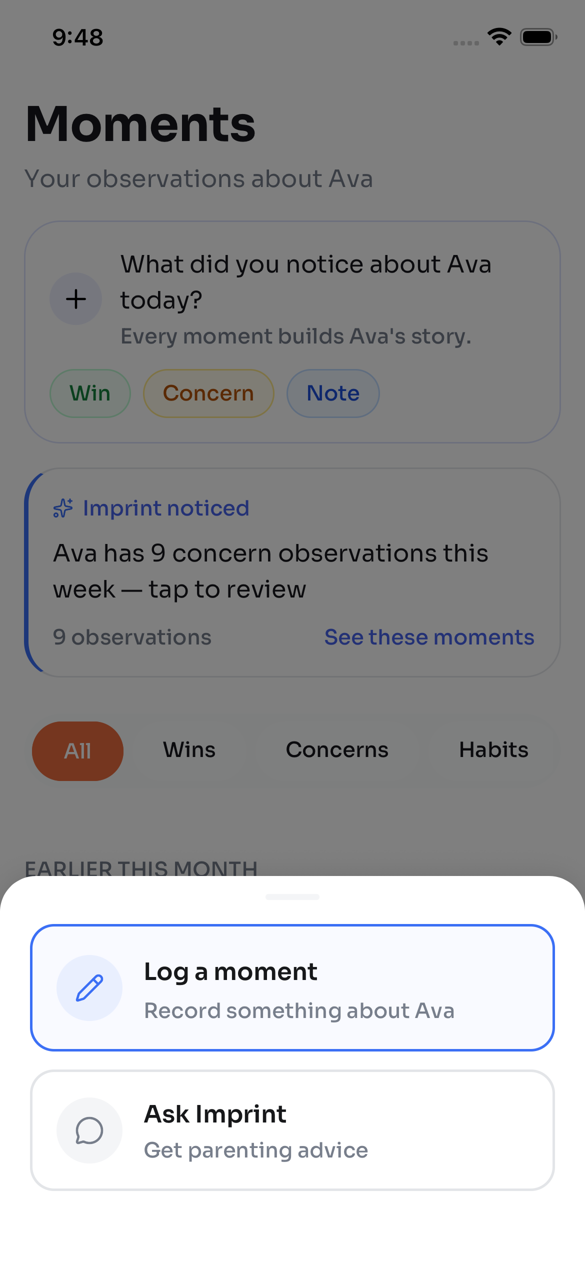 Imprint app Moments tab showing voice memory capture and timeline