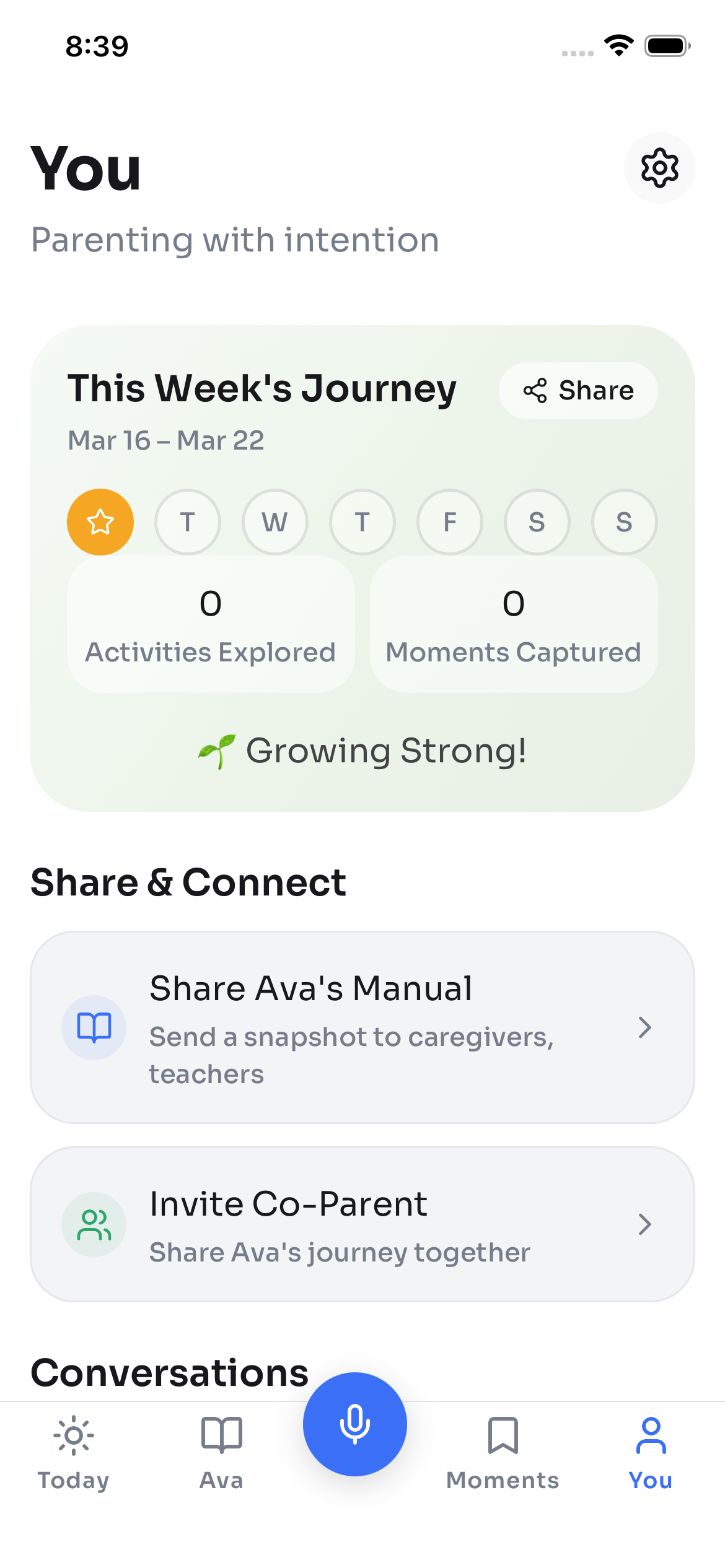 Imprint app You tab showing weekly engagement rhythm and progress