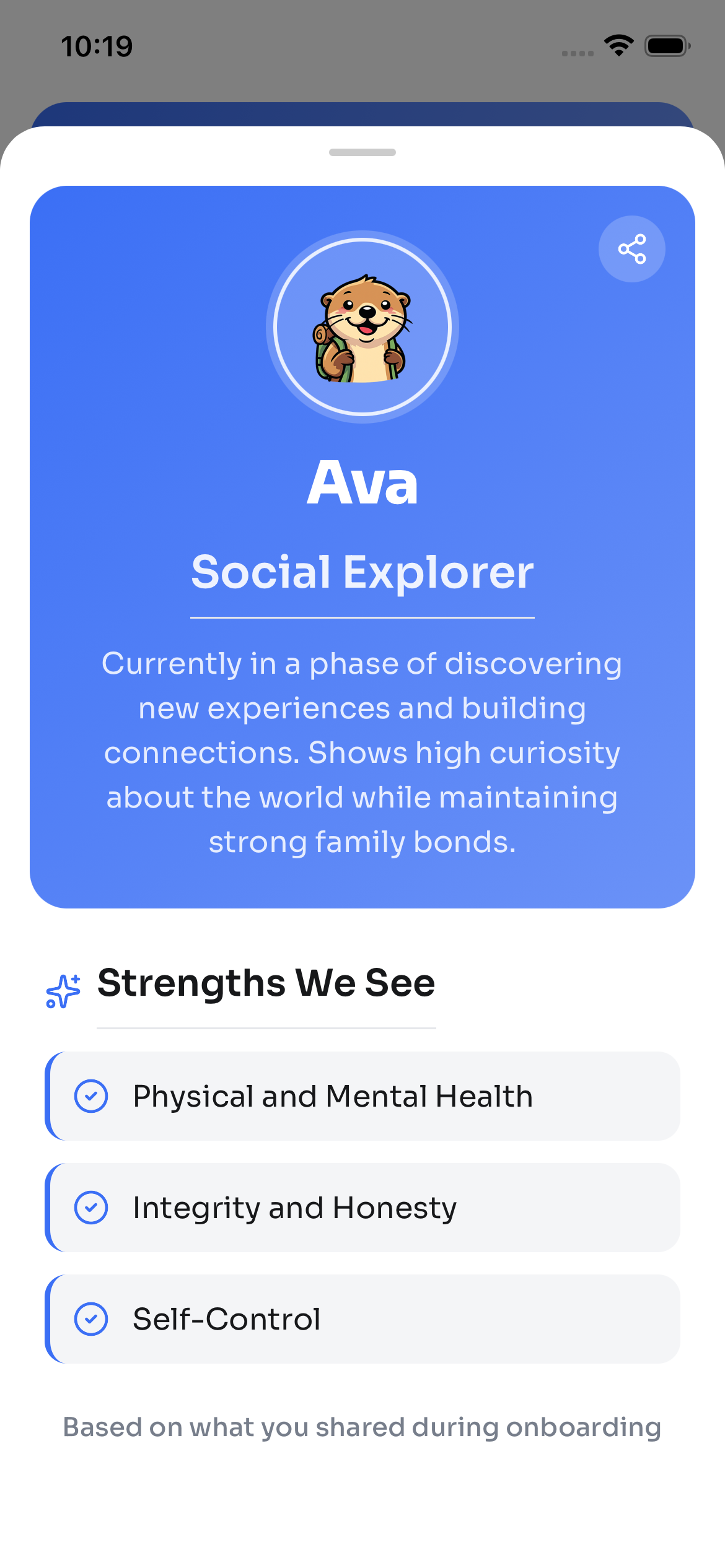 Imprint app showing your child's growth chapter reveal — archetype, strengths, and personality profile